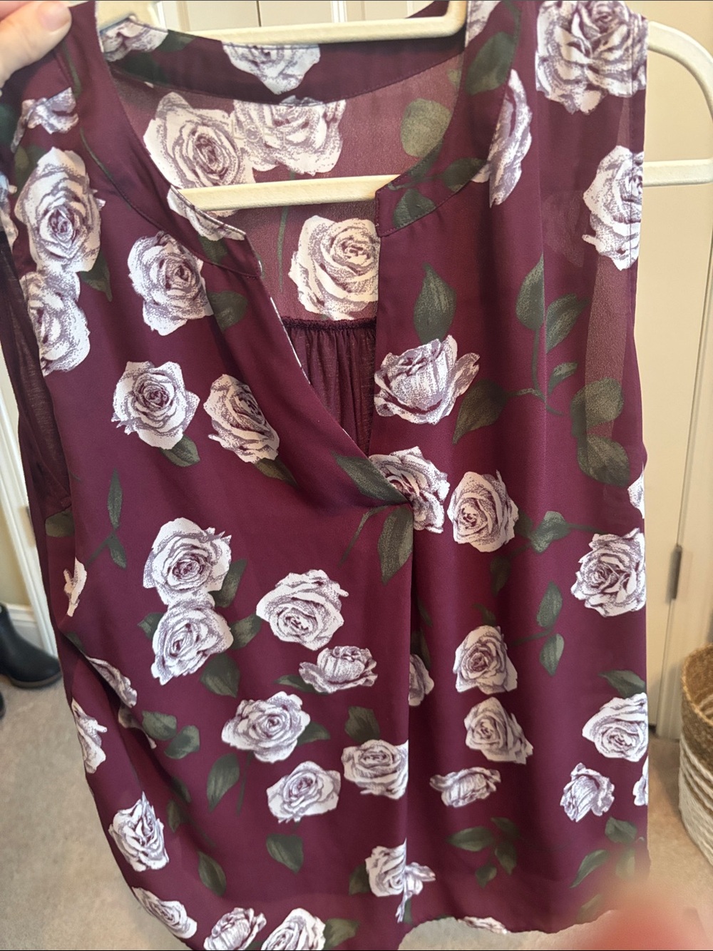 LOFT Burgundy Floral Tank Top with White Roses